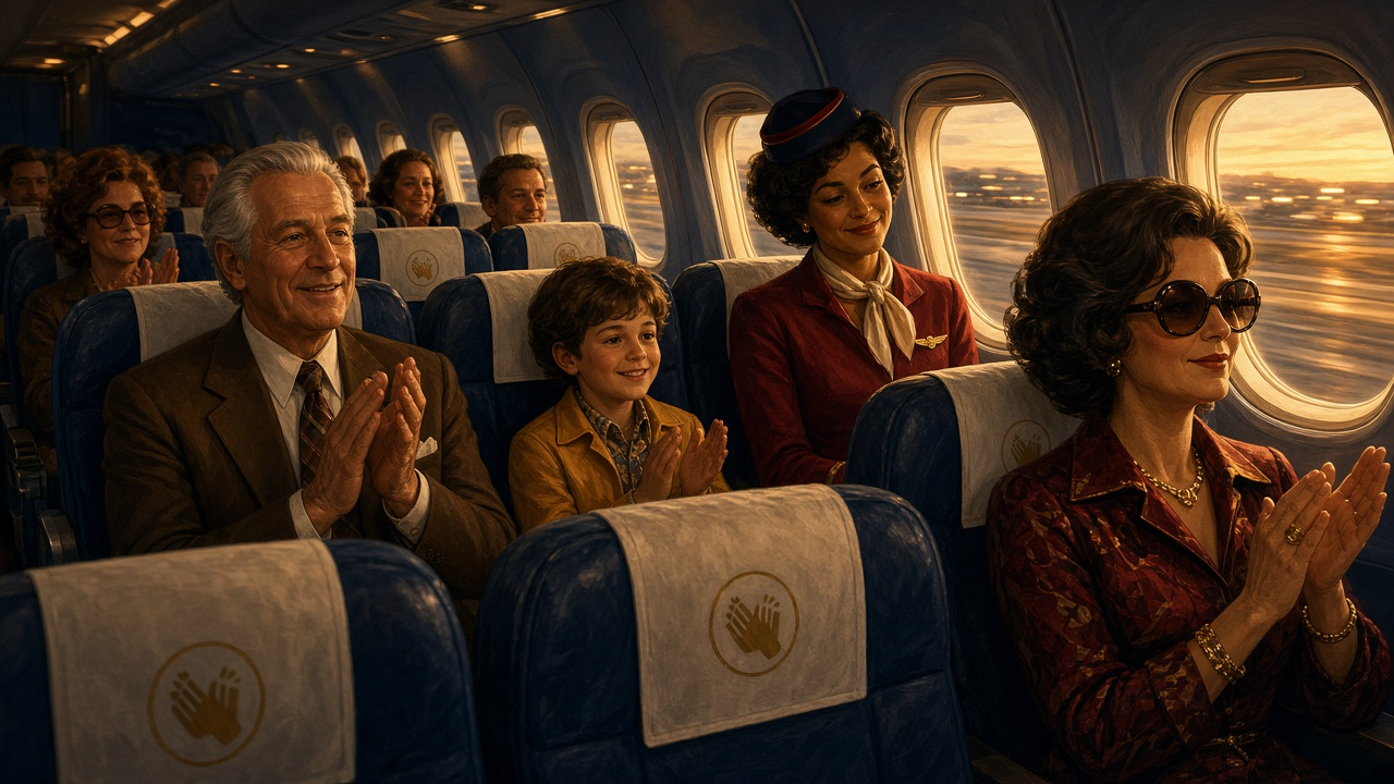 Passengers in a vintage jet cabin applauding as the plane lands at dusk