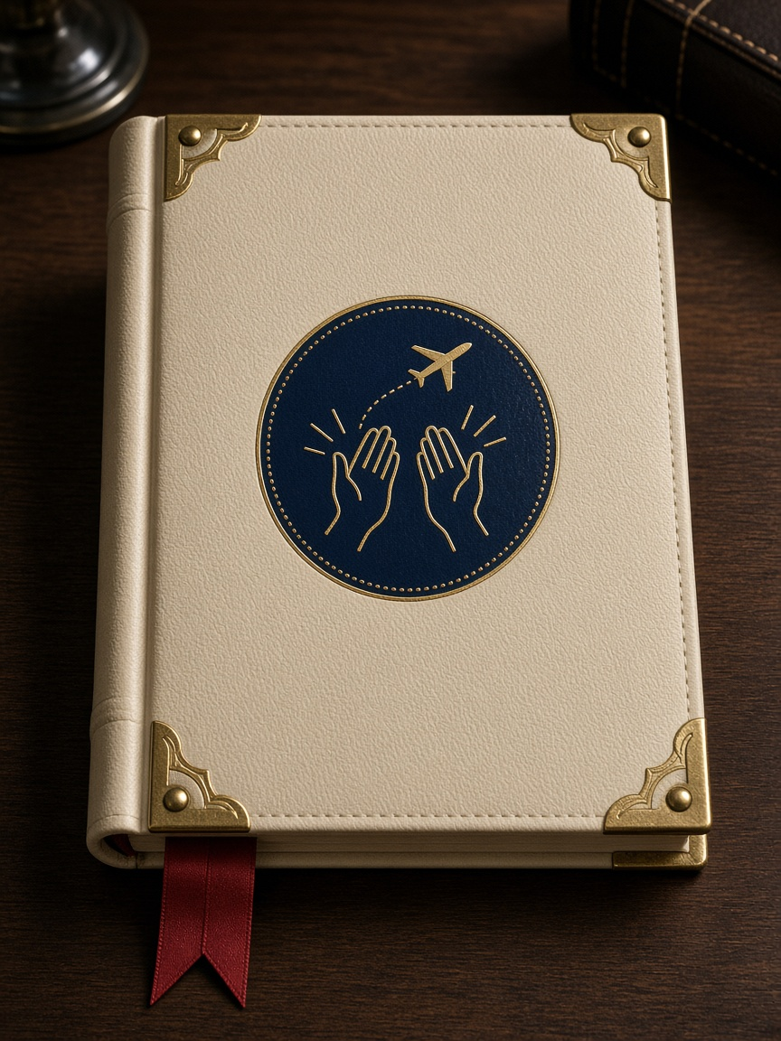 Leather operations manual with a gold clap-and-jet crest