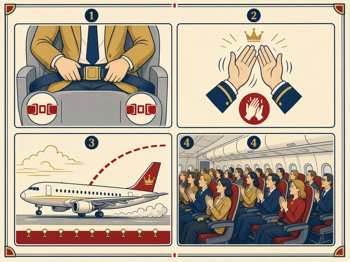 Parody airline safety card: seatbelt, clap, landing, applause